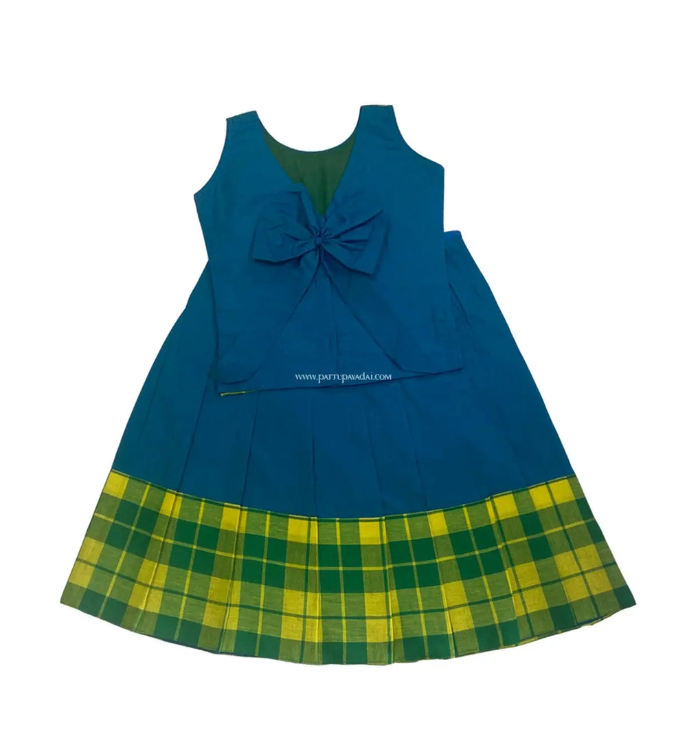 Checked Cotton Top and Peacock Blue Skirt - Pattupavadai.com