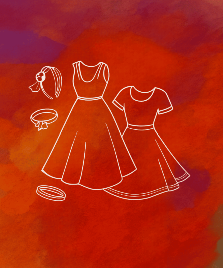 Outline of dresses and a headband on a red and orange gradient background