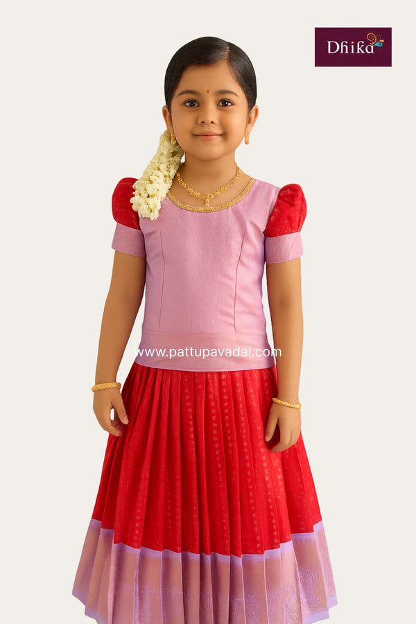 Semi Kanchipuram Pattu Pavadai for Kids – Red & Lavender Traditional Dress for Girls