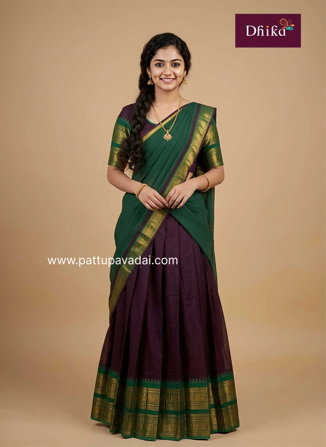 coffee brown and green Chettinad cotton half saree for girls
