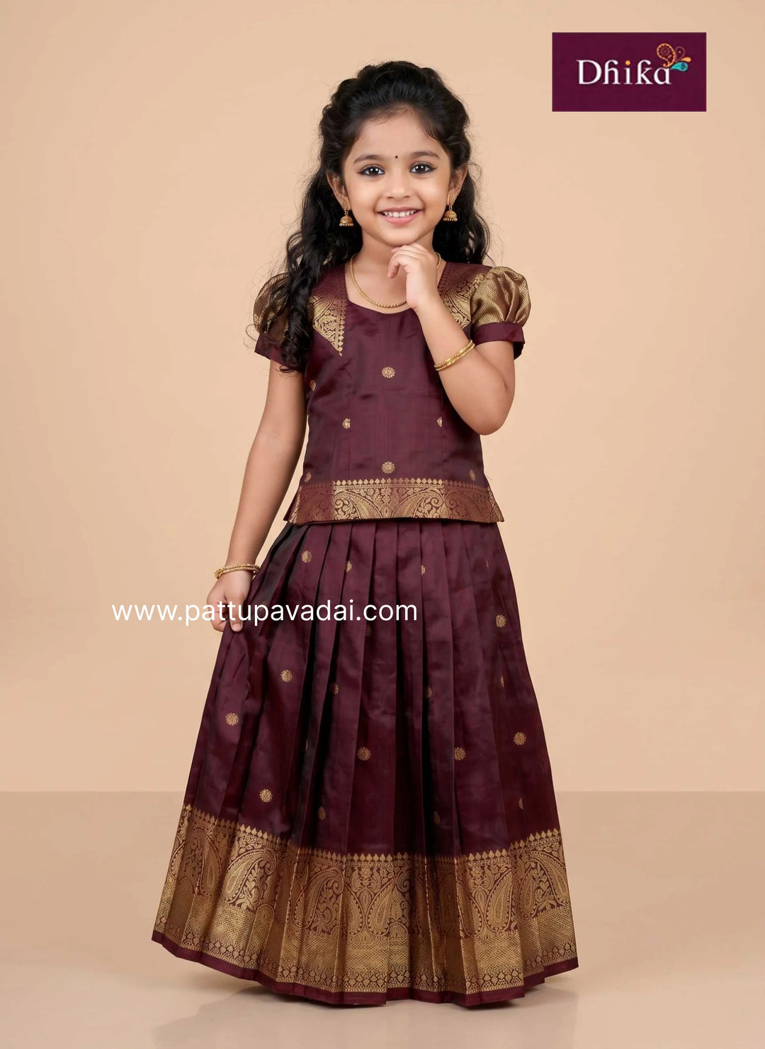 coffee brown semi silk pavadai for girls traditional festive wear