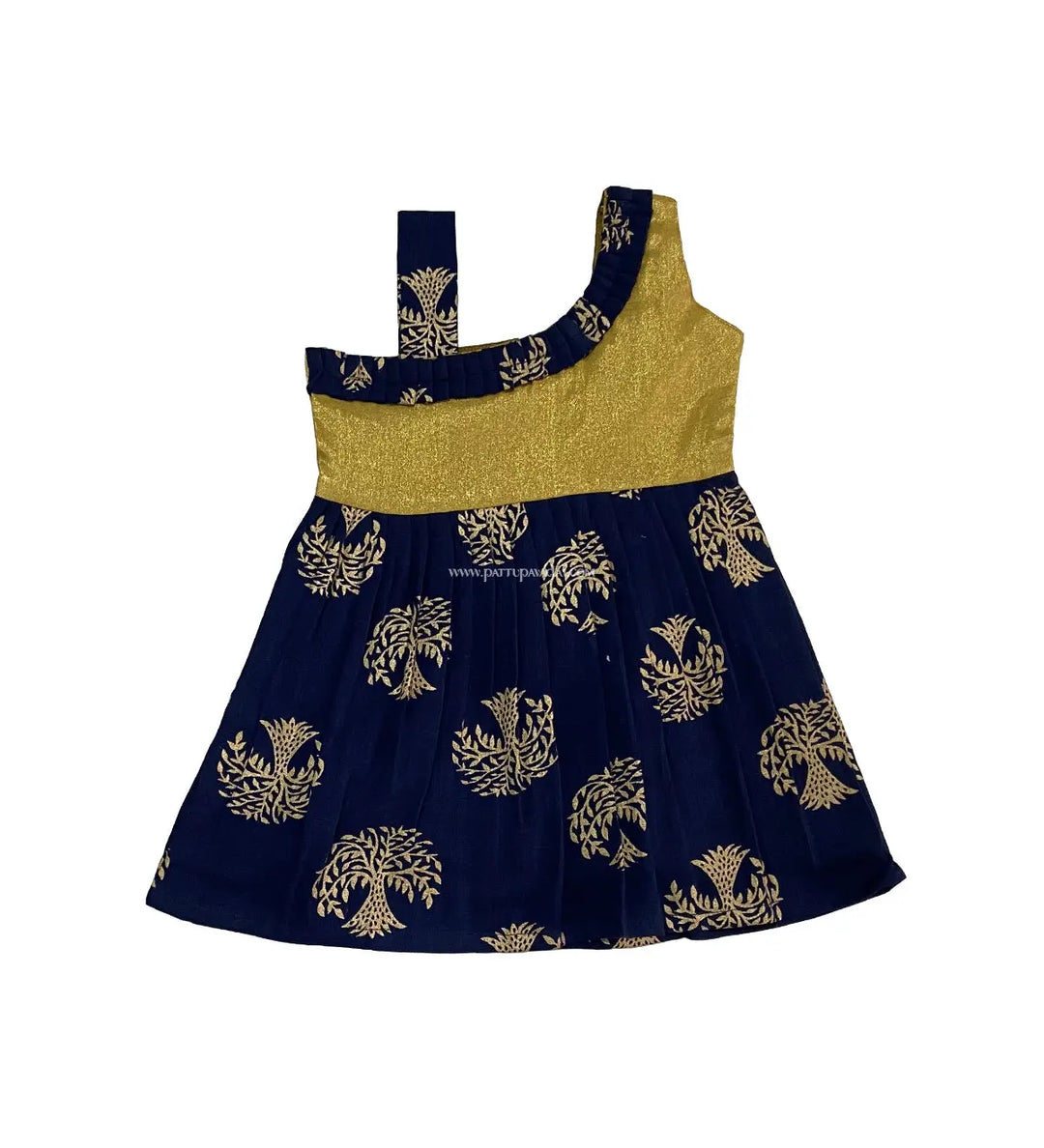 Cotton Frock Navy Blue And Golden - Pattupavadai.com