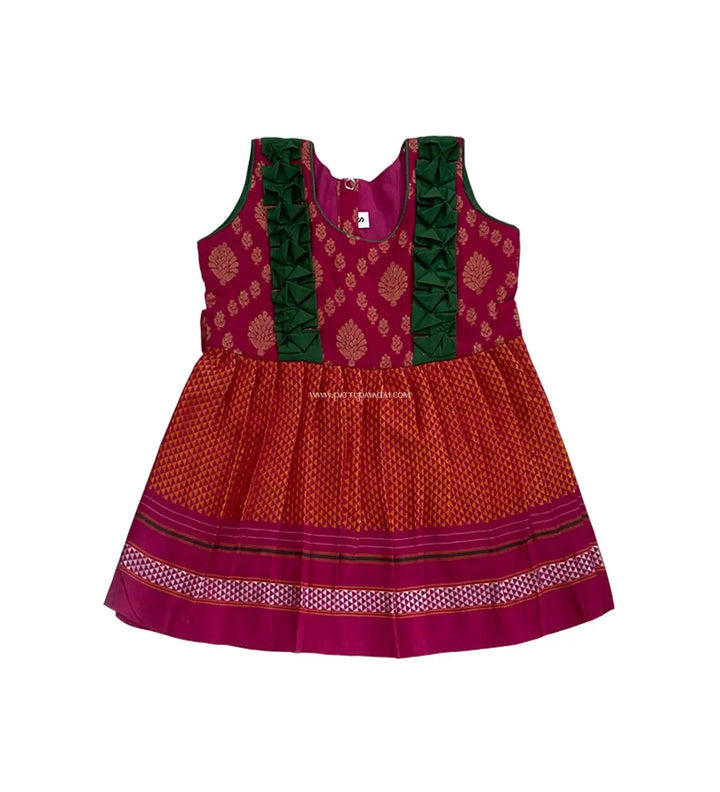 Cotton Frock Orange and Pink sleeveless baby cotton frock with handwork yoke and soft lining