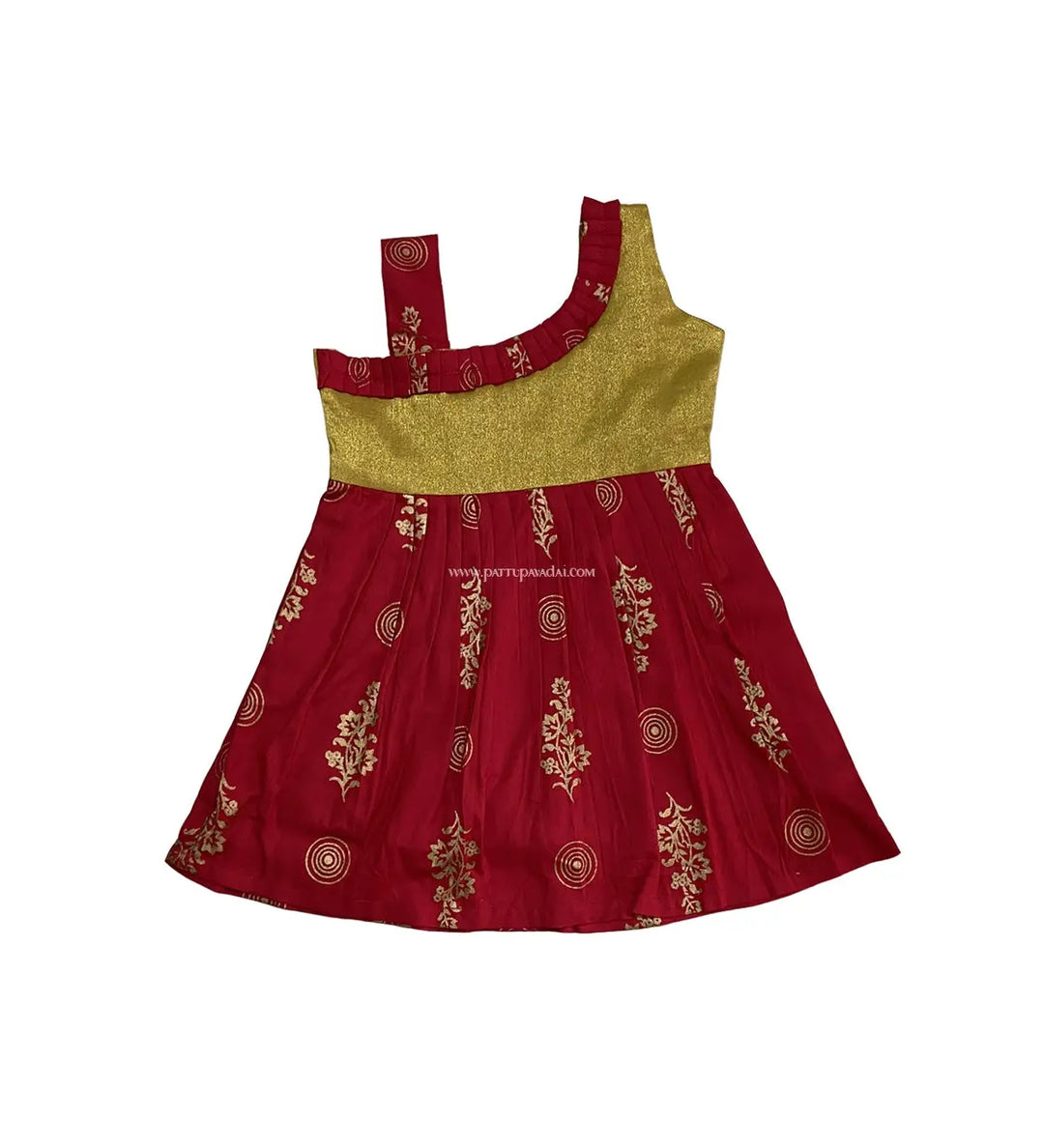 Cotton Frock Red and Golden - Pattupavadai.com