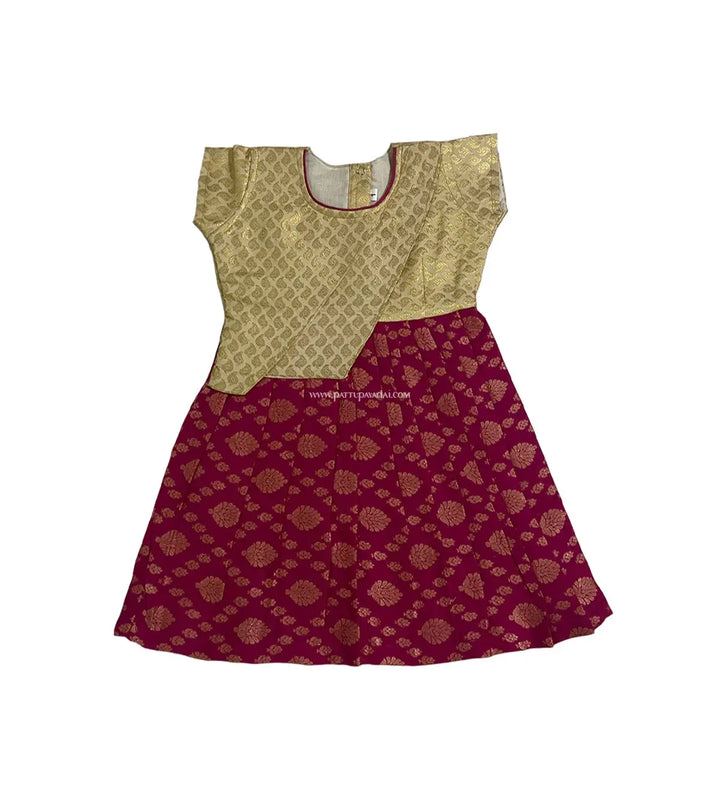 Cream and Pink Cotton Frock - Pattupavadai.com