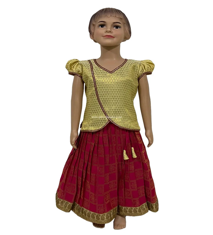 Cream Brocade Top and Maroon Skirt - Pattupavadai.com