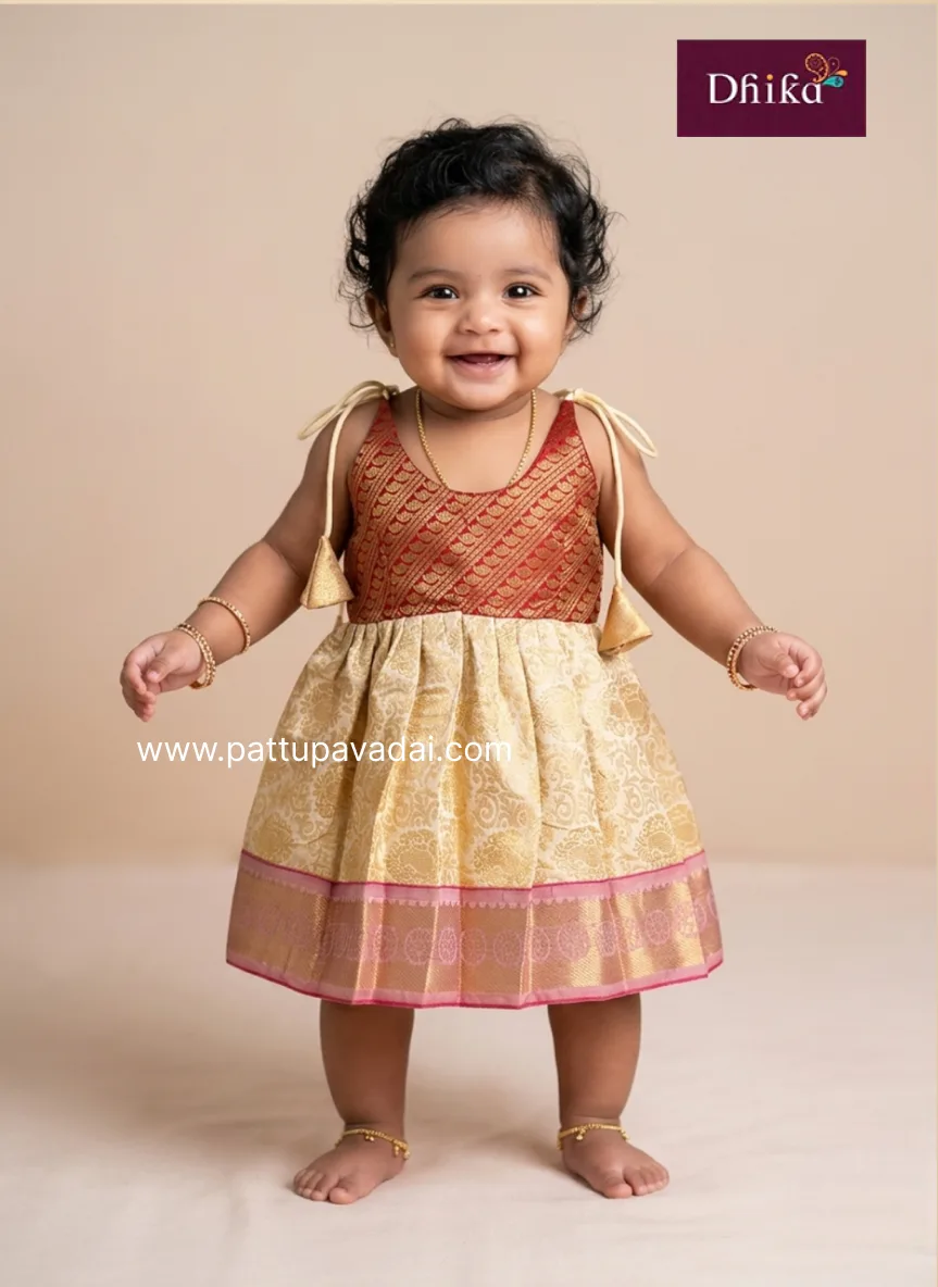 cream and pink silk frock for girls elegant party wear dress