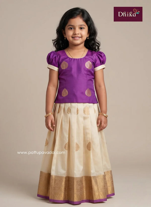cream and purple soft silk pavadai for girls front view