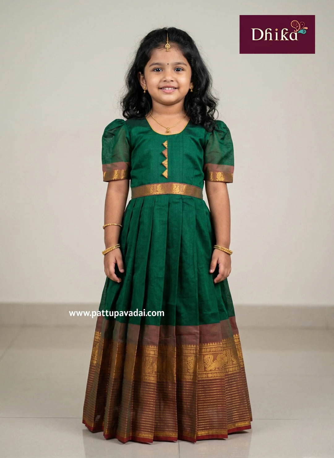 Dark green pure Chettinad cotton long gown for girls elegant ethnic kids wear breathable fabric dress