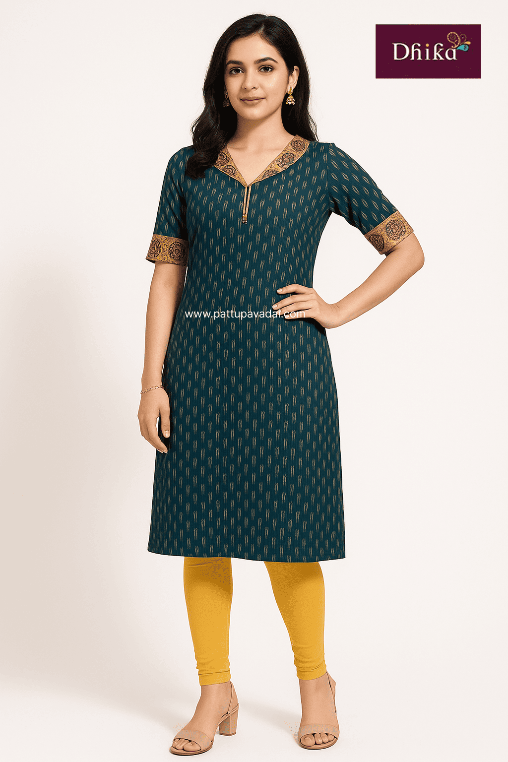 dark green ikkat cotton kurti collared neck soft comfortable traditional wear