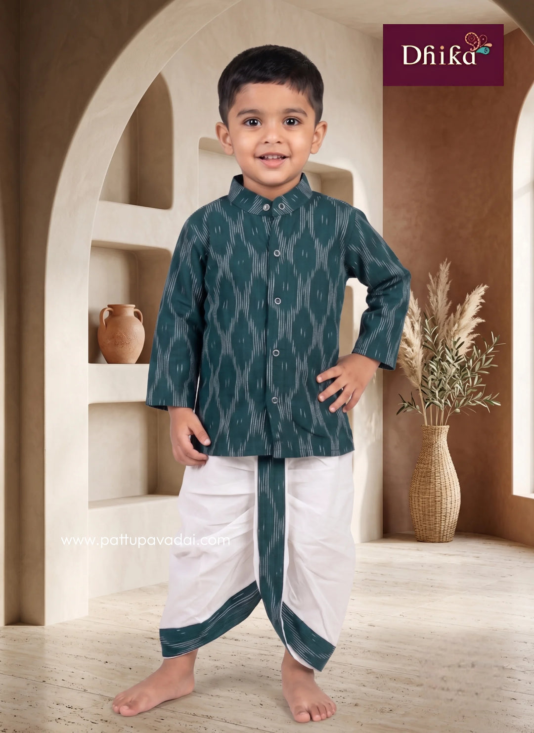 dark green ikkat kurta dhoti set for boys traditional wear