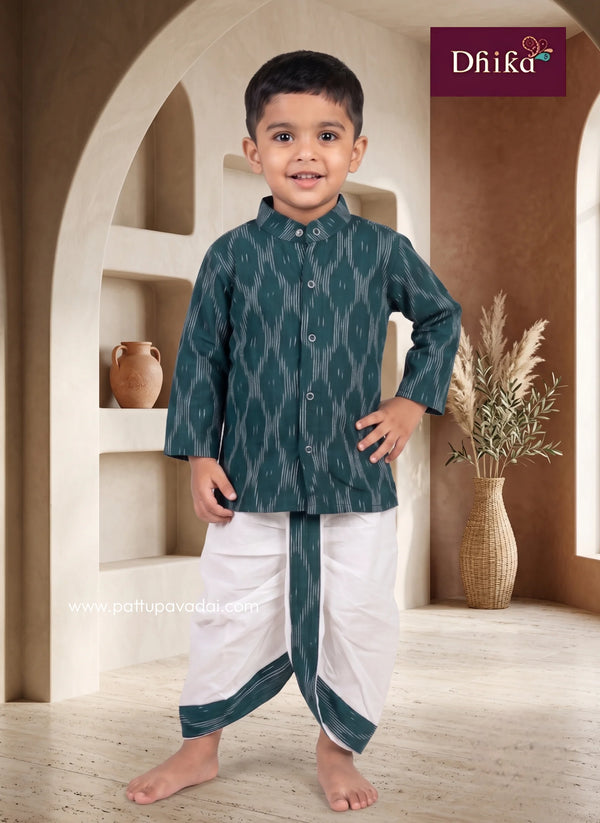 dark green ikkat kurta dhoti set for boys traditional wear