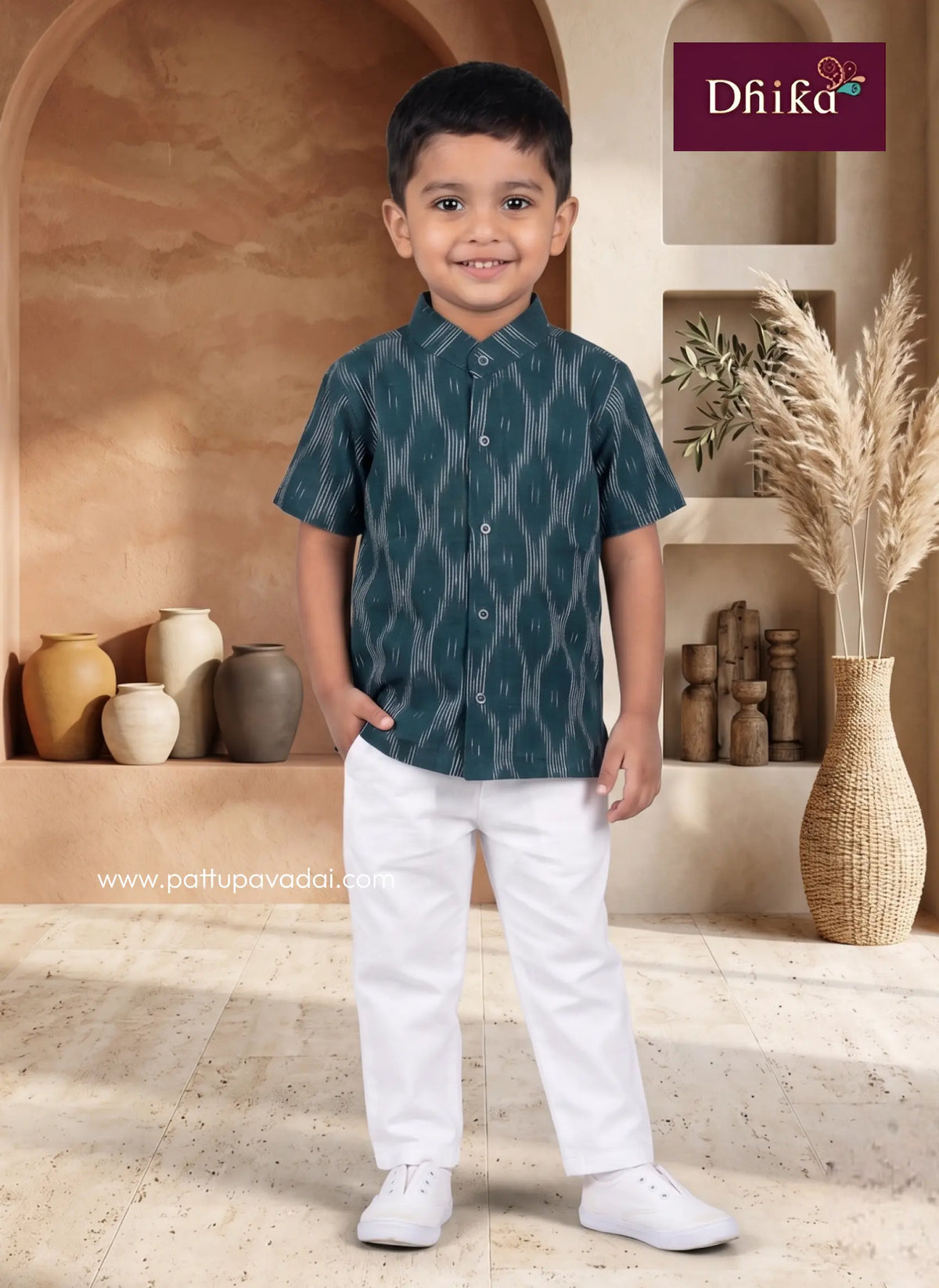 dark green ikkat shirt for boys traditional printed shirt