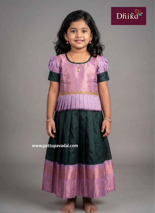 dark green lavender soft silk pavadai set for girls