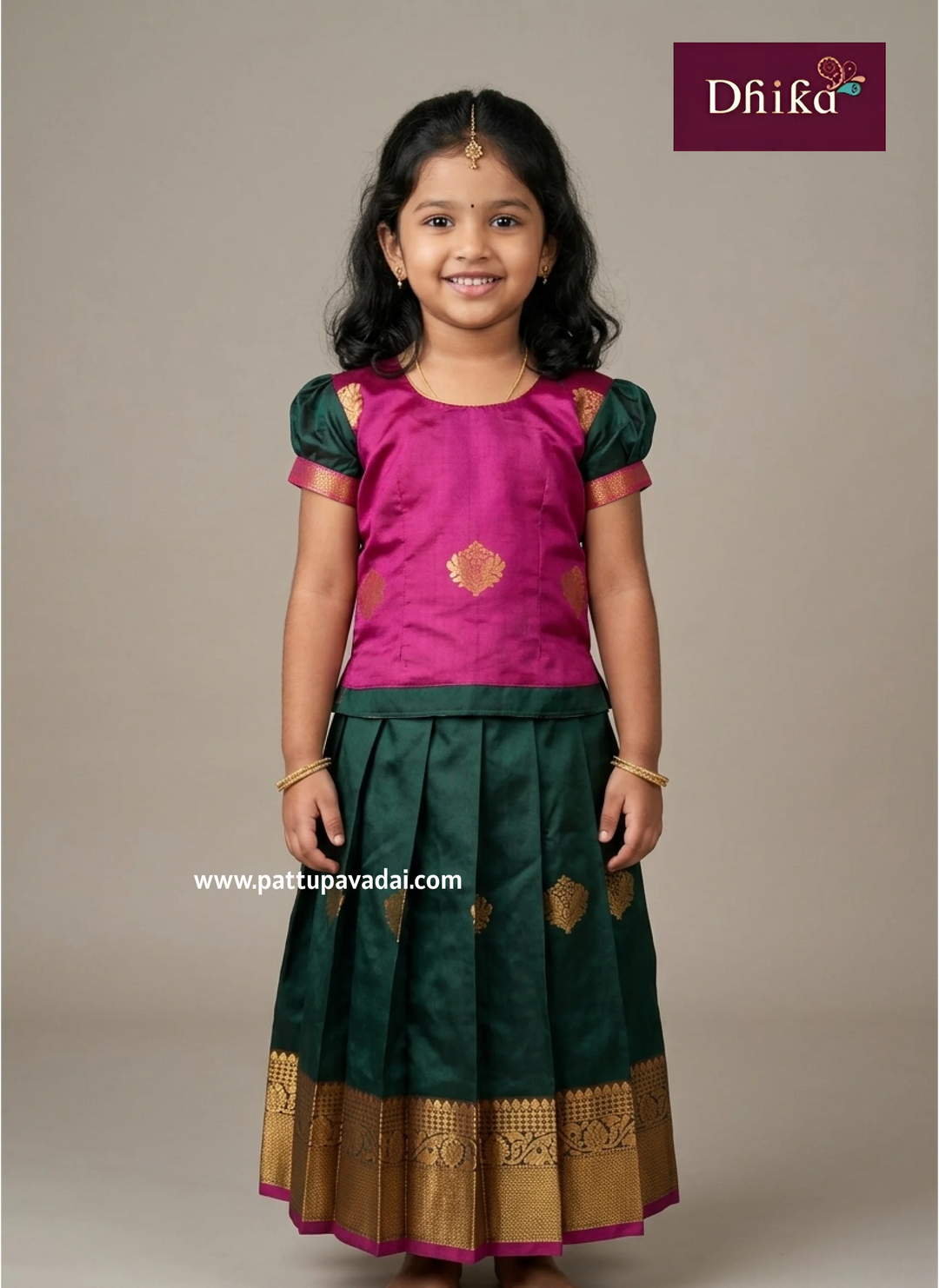 Dark green and pink soft silk pavadai sattai for girls traditional pattu pavadai set with zari work