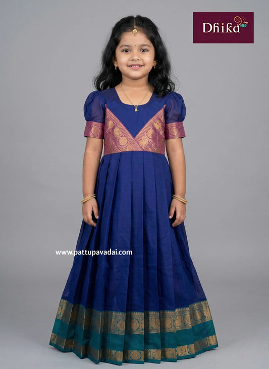 Deep blue and pink pure cotton long gown for girls traditional pattu pavadai style dress with gold border