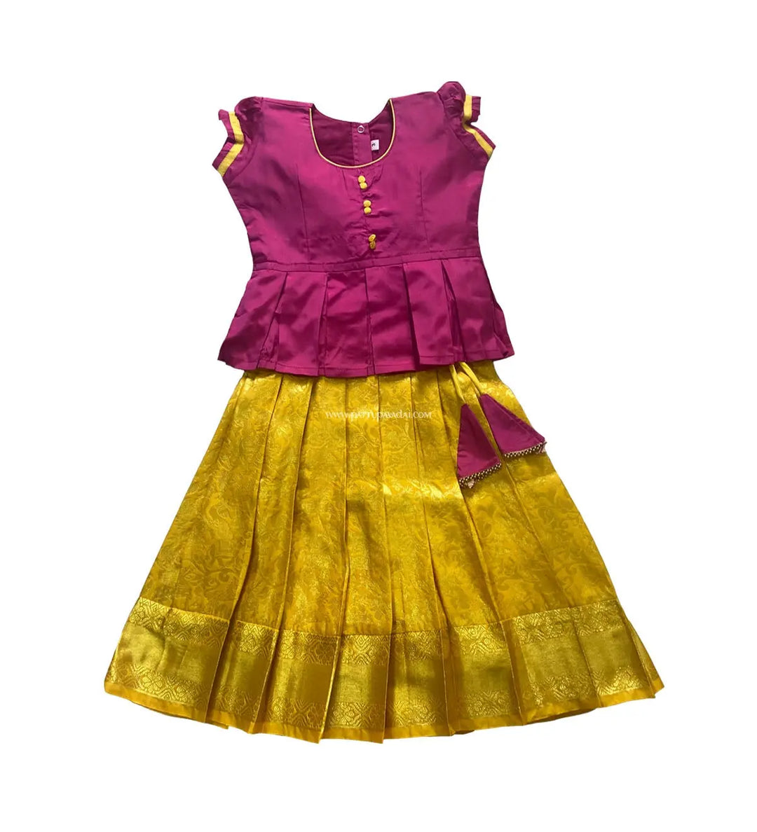 Designer Pure Silk Pavadai Yellow and Pink - Pattupavadai.com