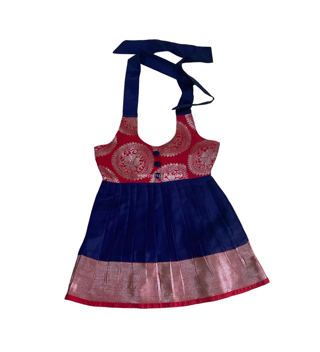 Designer Silk Frock Red and Navy Blue - Pattupavadai.com