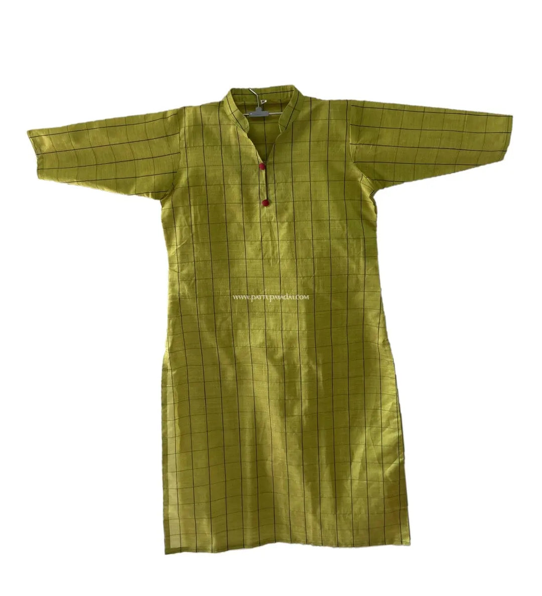 Dupion Cotton Checked Parrot Green Kurti - Pattupavadai.com