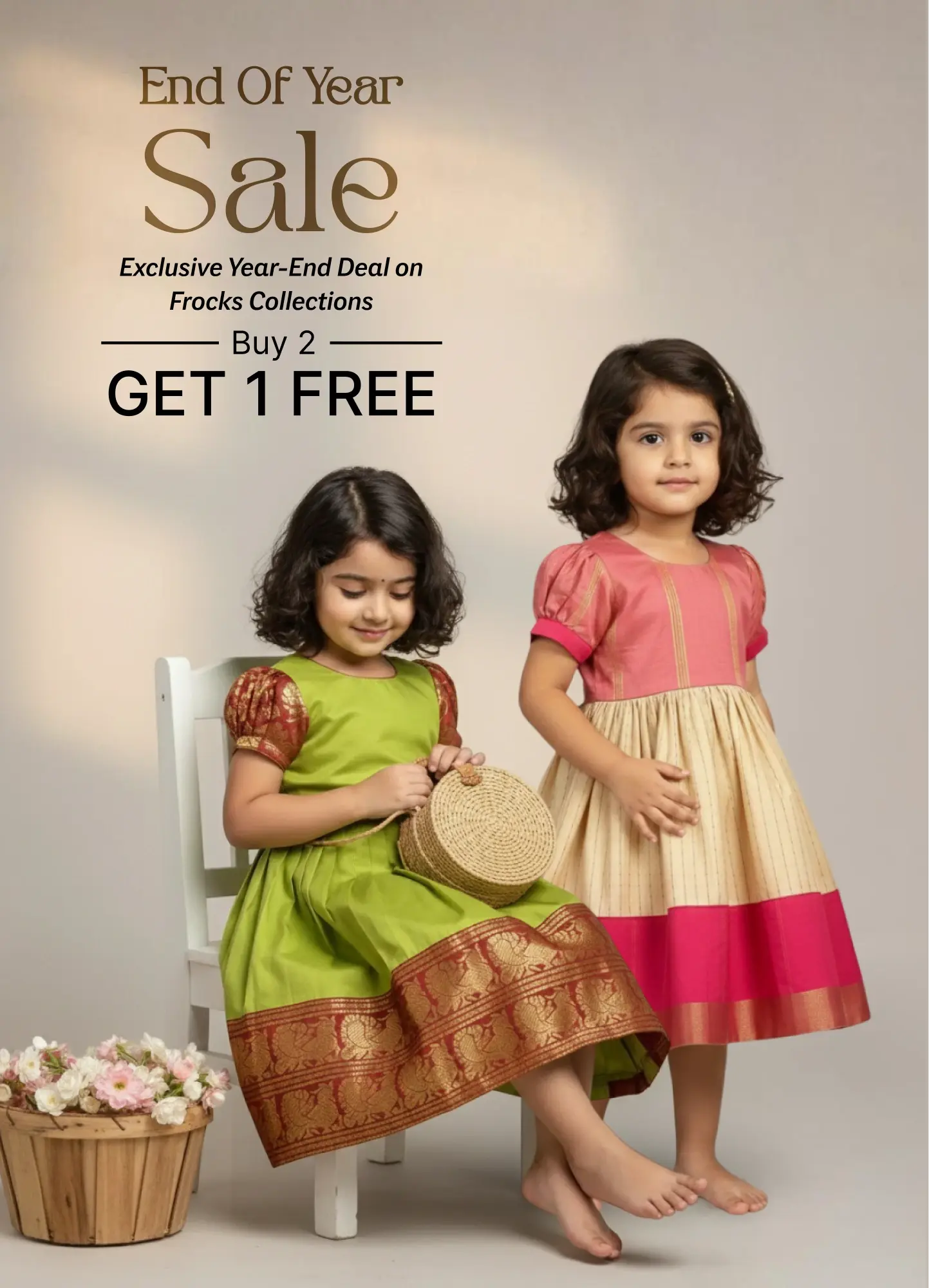 Two young girls in colorful traditional dresses with a promotional text overlay for an end-of-year sale.