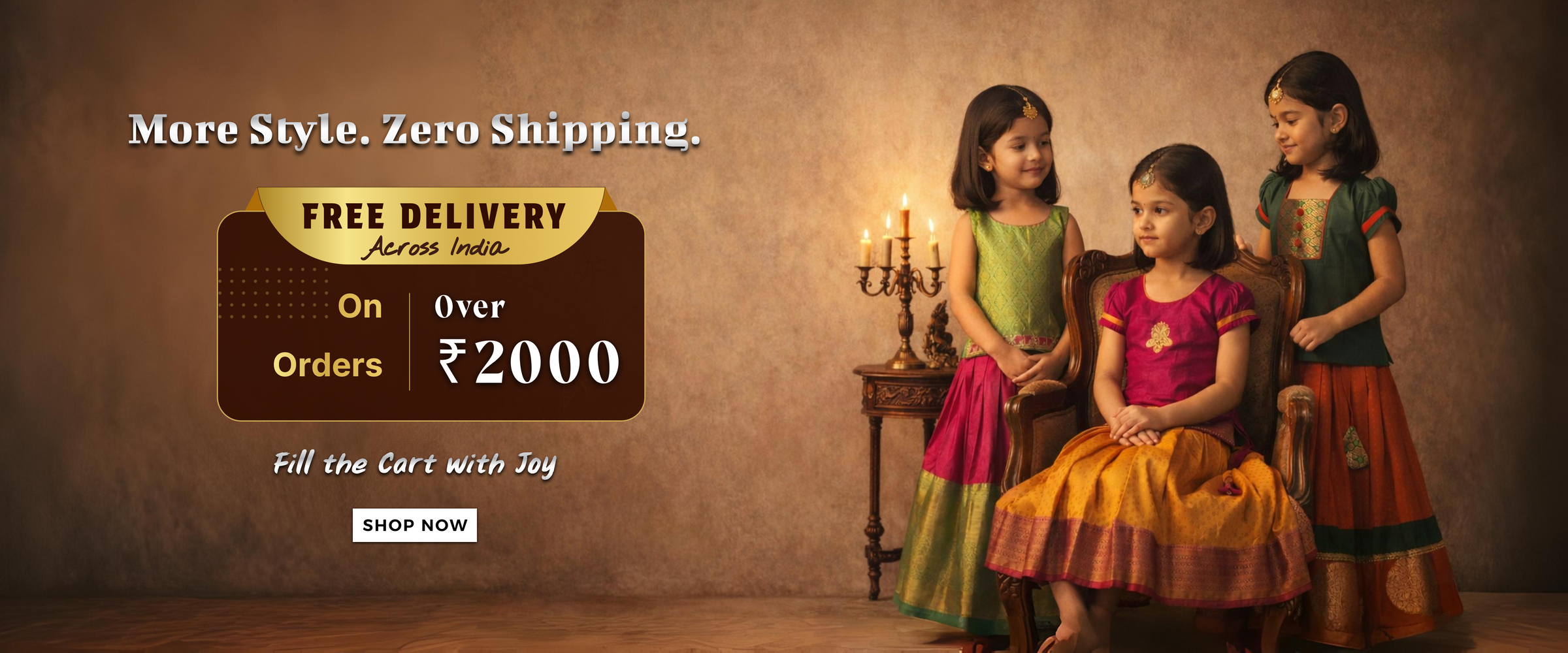 Girls wearing traditional pattu pavadai silk frocks with free delivery offer on kids ethnic wear India