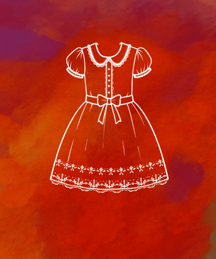 White line drawing of a dress on a red and orange watercolor background