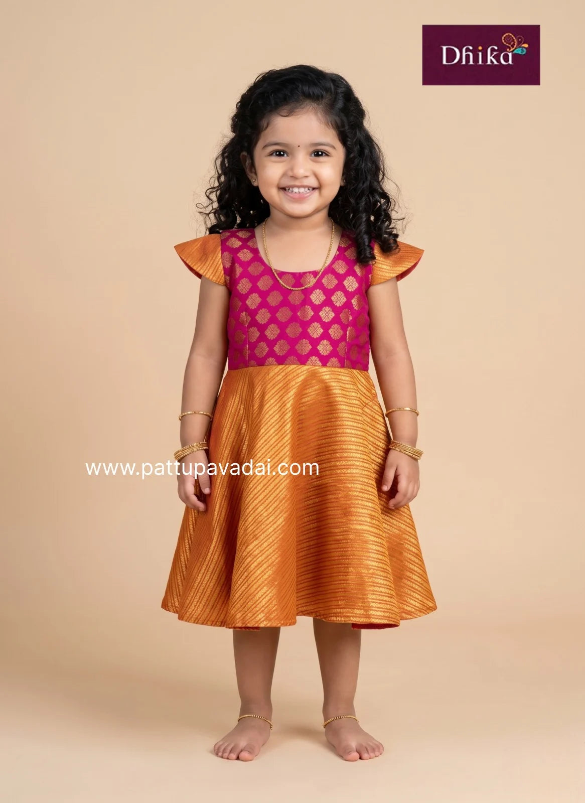 orange and pink silk frock for girls festive party wear dress