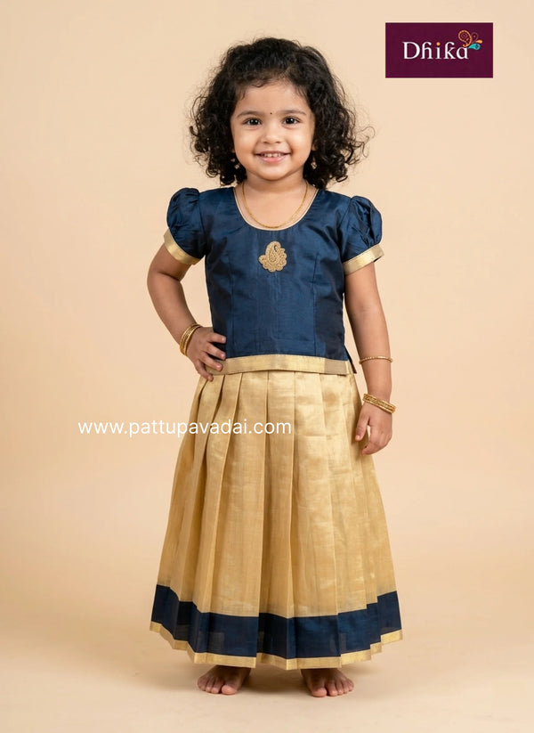 golden and green semi kanchi pattu pavadai for girls kids ethnic dress