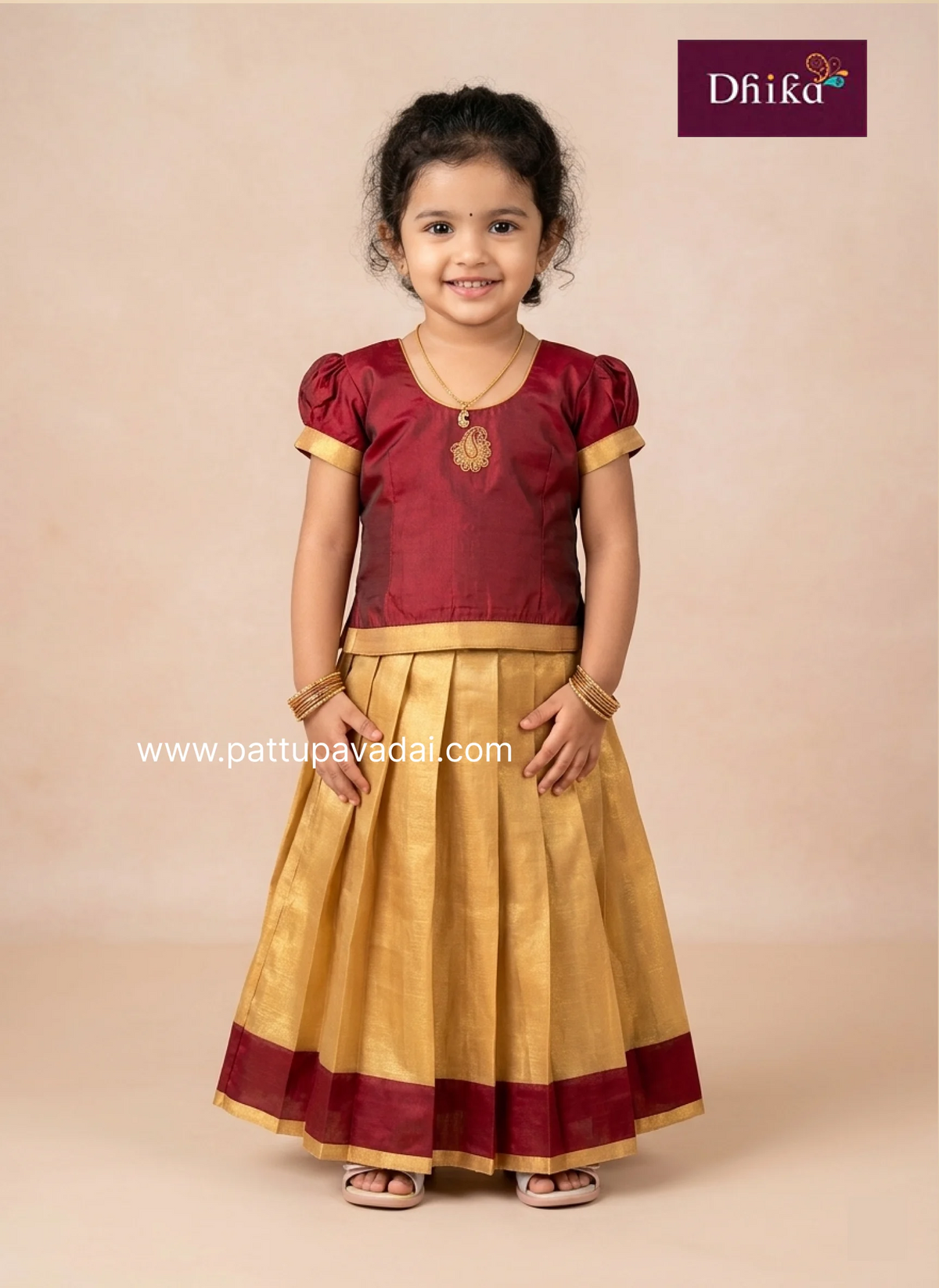 golden and maroon pattu pavadai for girls traditional ethnic wear