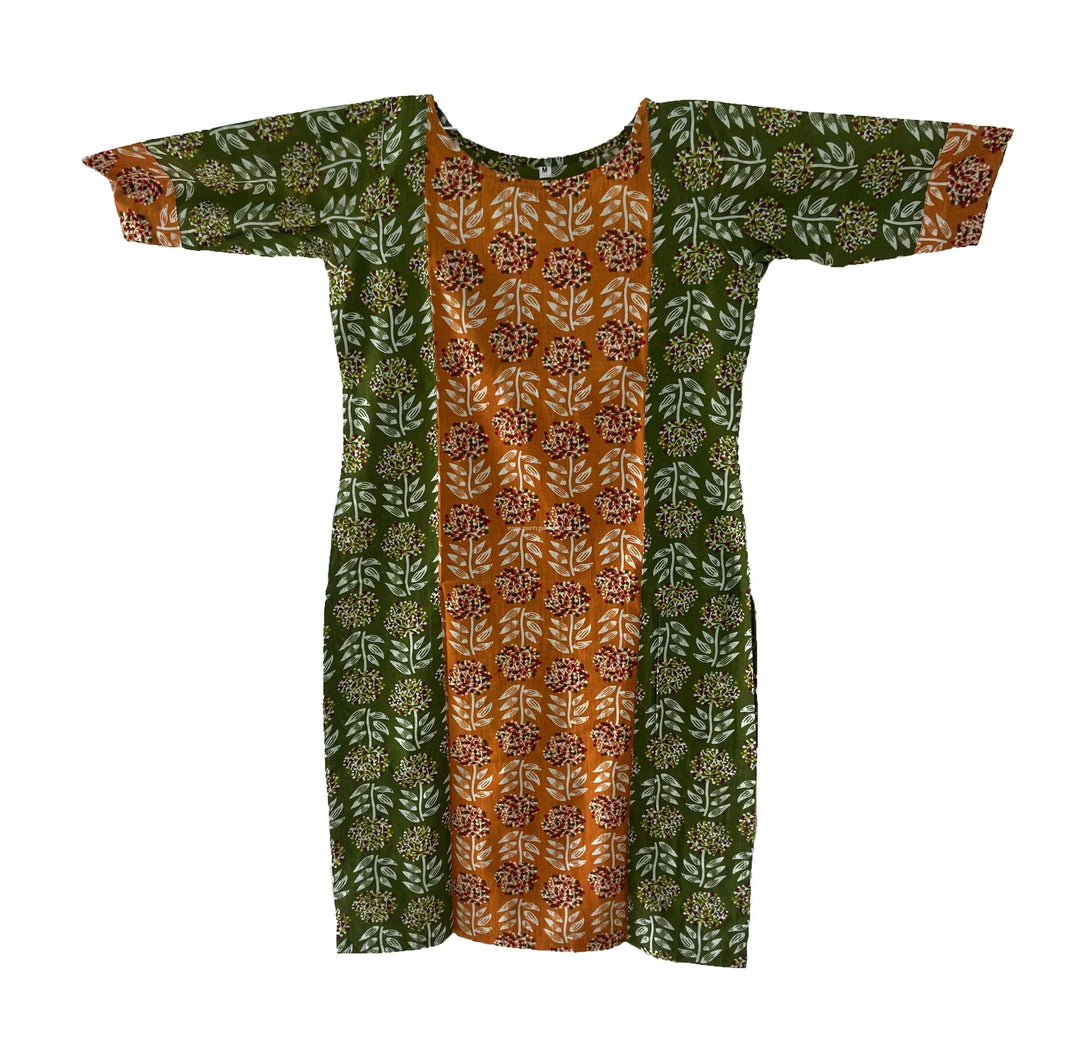 Green and Orange Cotton Kurti - Pattupavadai.com