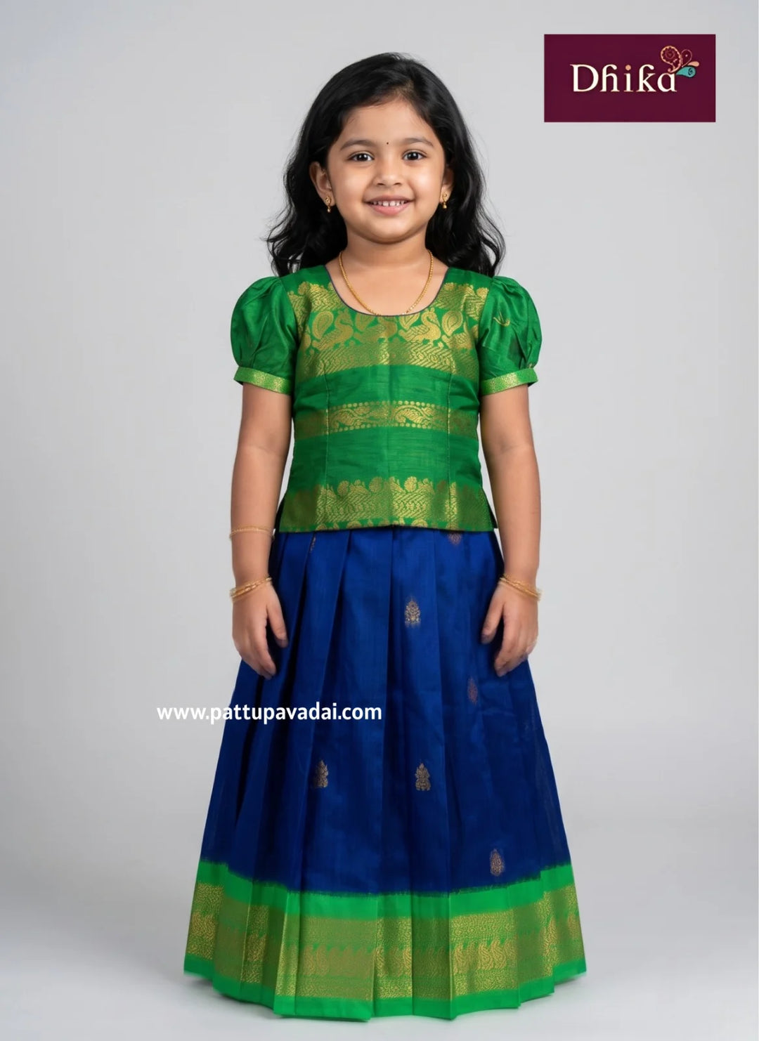 green and blue cotton pavadai set for girls traditional dress