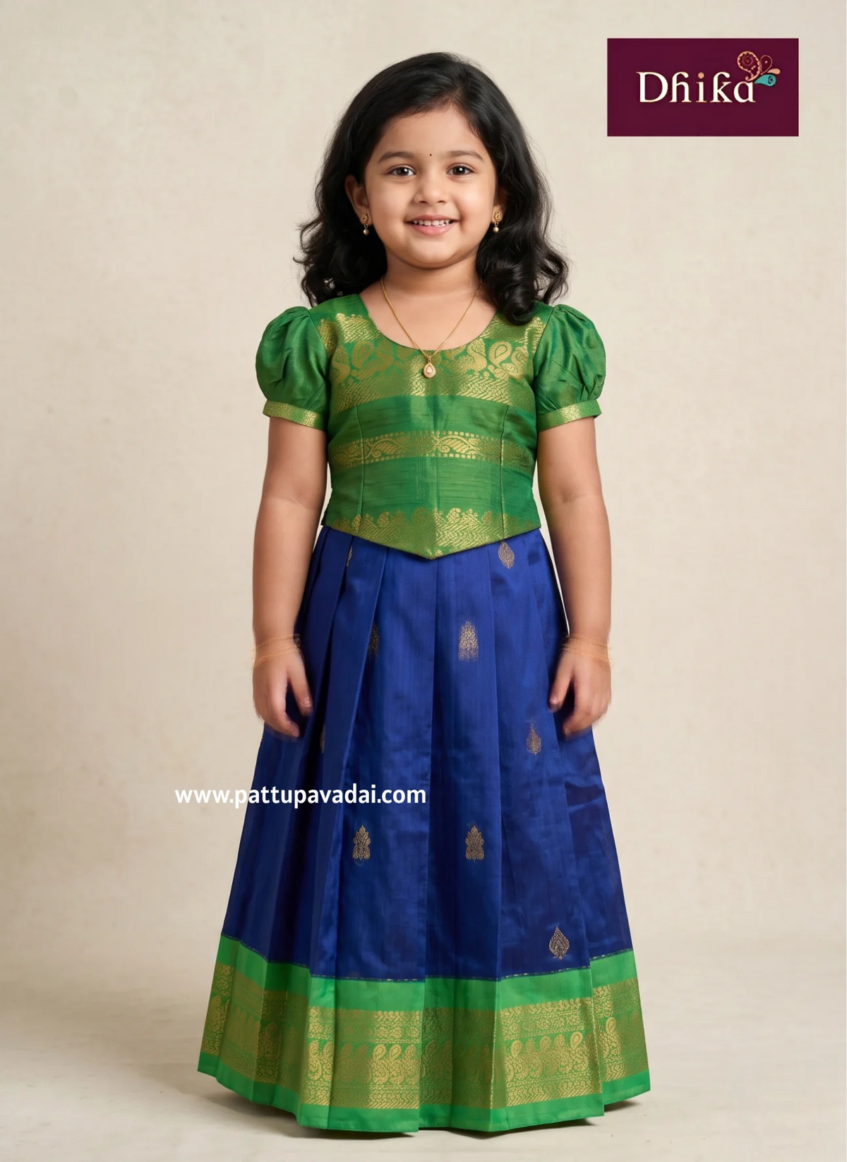 green and blue cotton pavadai set for girls traditional dress