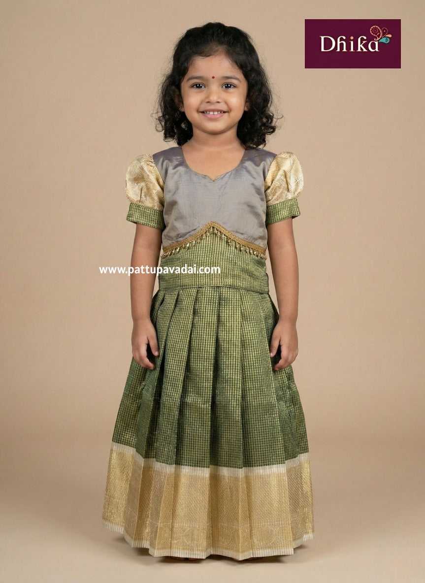 green and grey tissue silk pavadai for girls traditional dress