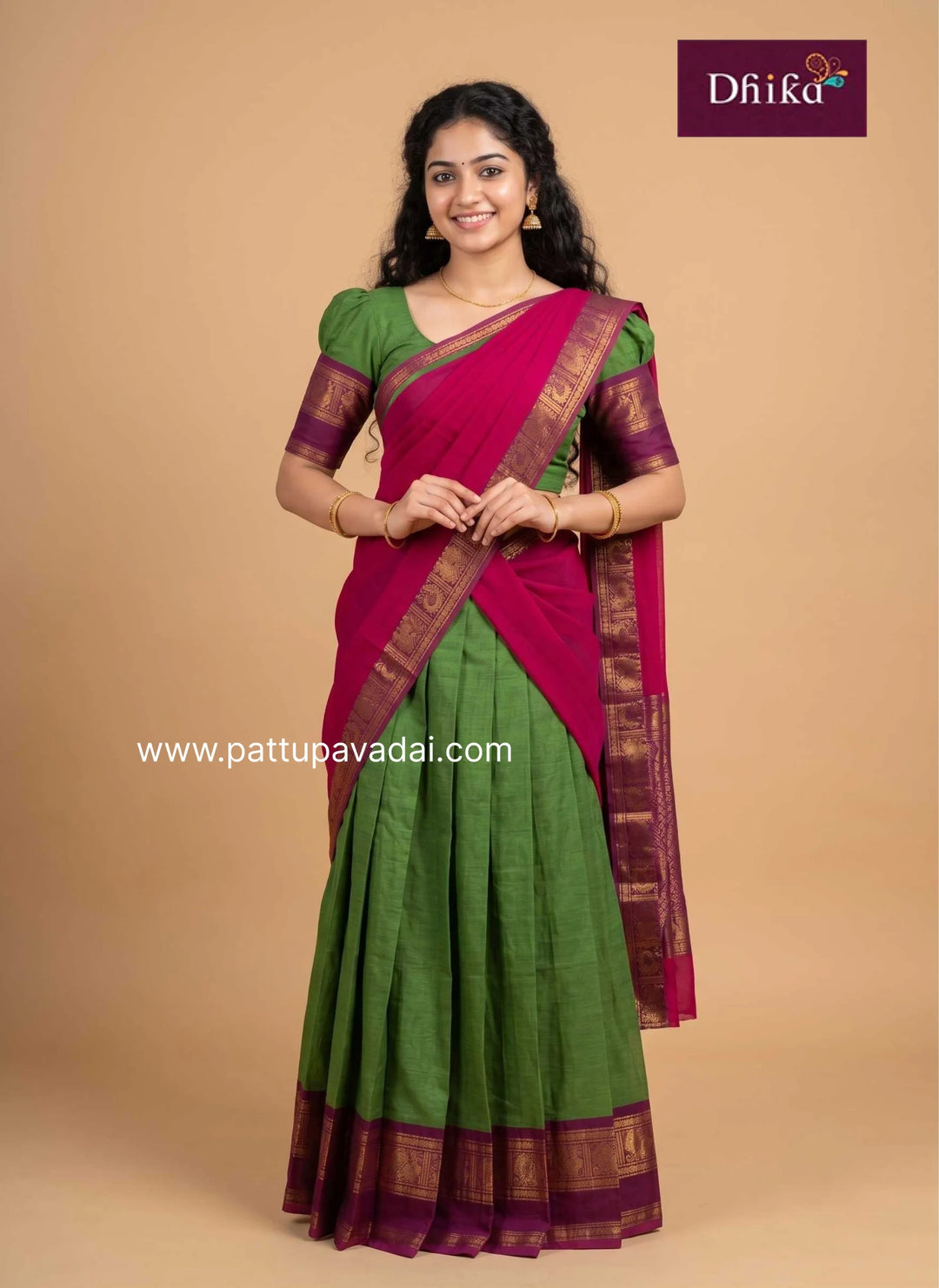 green and pink Chettinad cotton half saree for girls front view