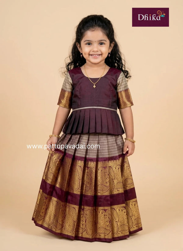 grey and brown semi silk pavadai for girls traditional kids festive wear