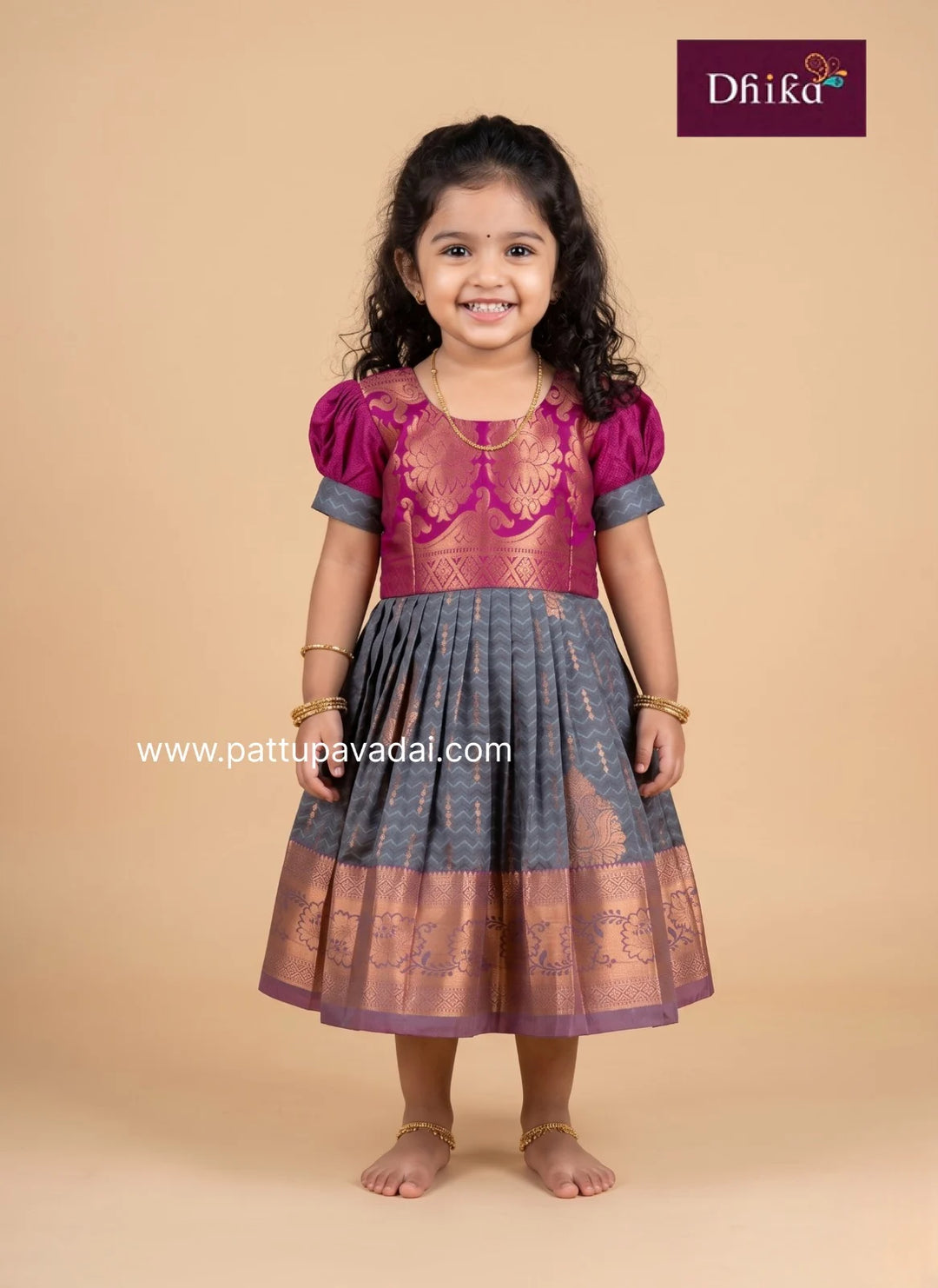 grey and magenta silk frock for girls festive party wear dress