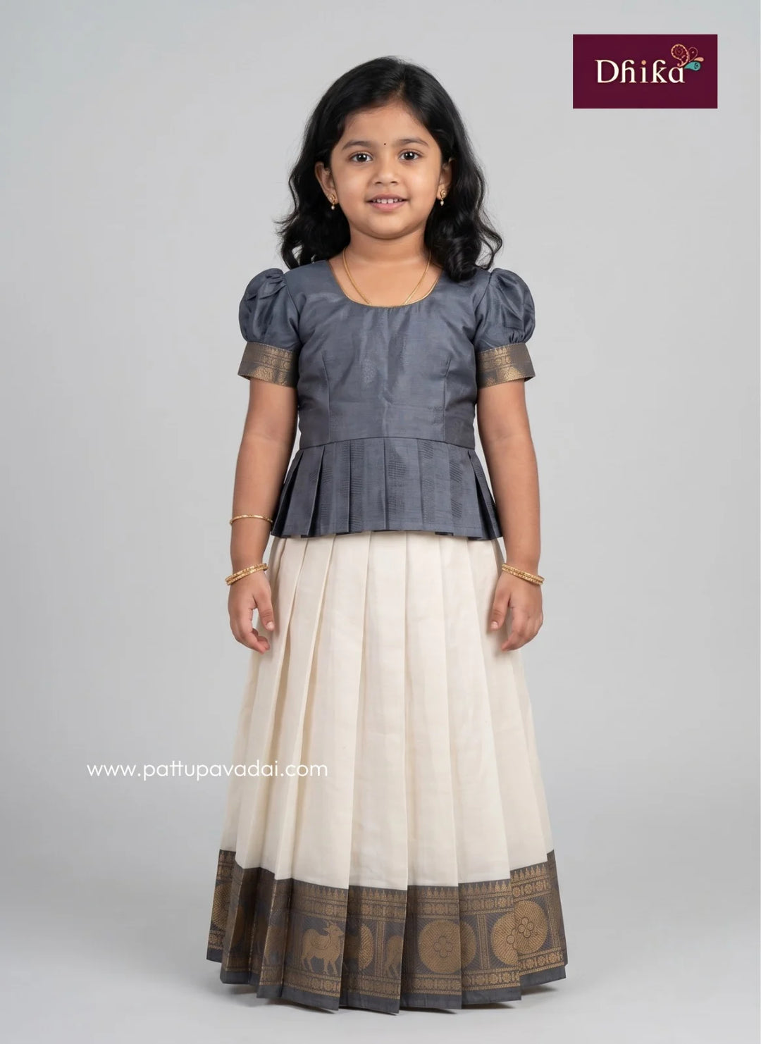 grey and white cotton pattu pavadai for girls front view