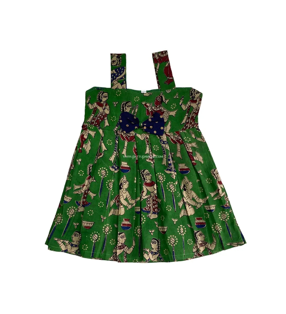 Kalamkari cotton frock green for babies with sleeveless design and soft cotton lining