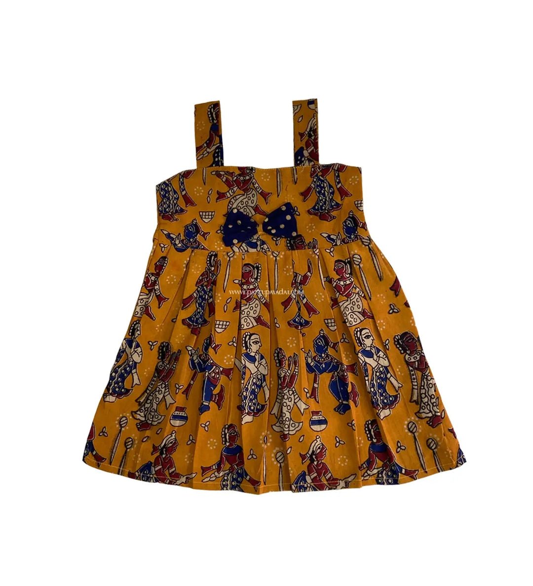 Kalamkari Cotton Frock Mustard - Pattupavadai.com