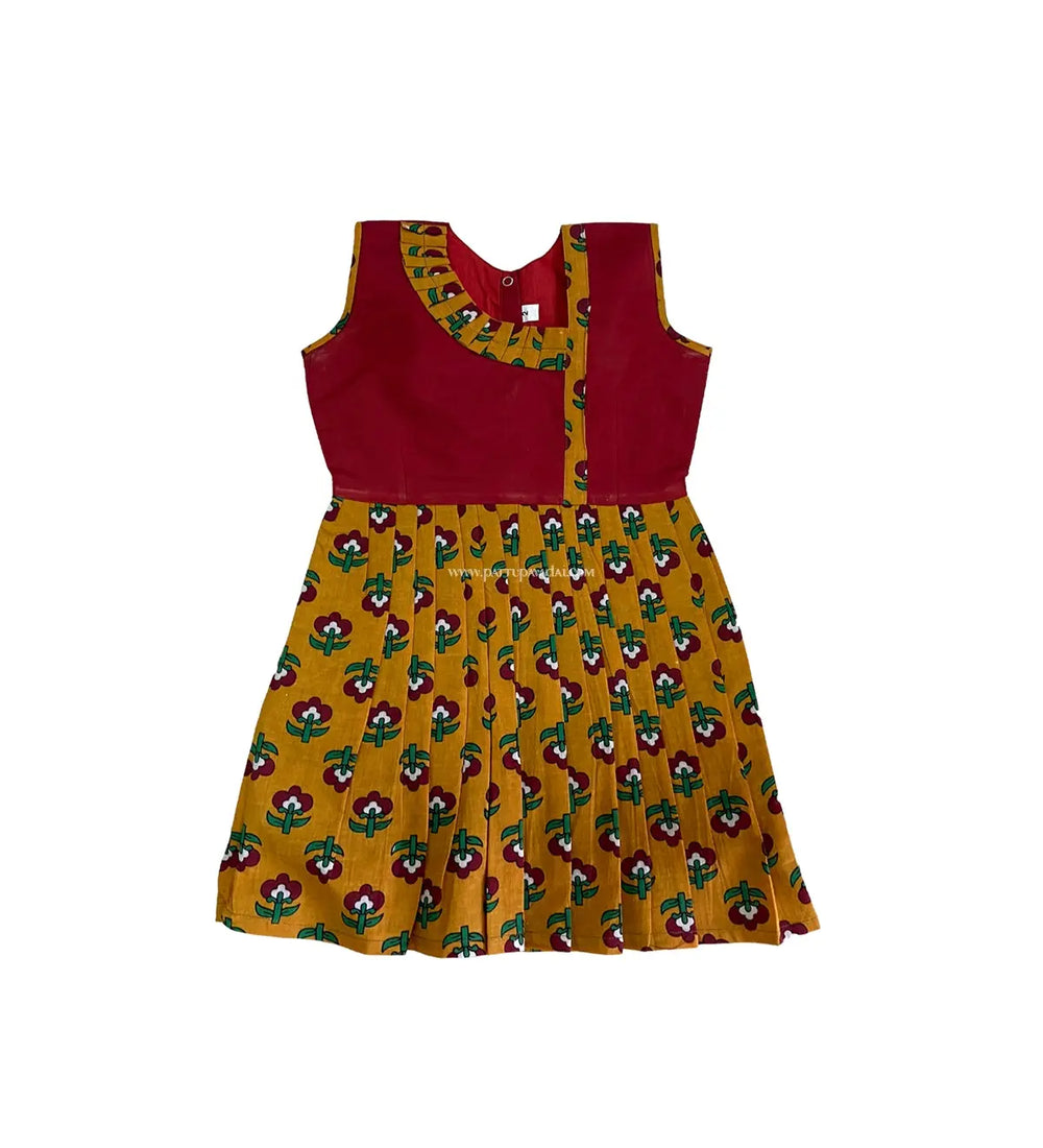 Kalamkari Frock Mustard and Maroon - Pattupavadai.com