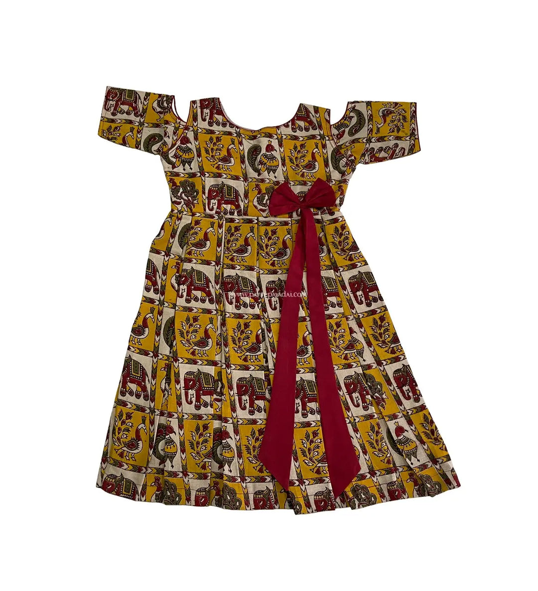 Kalamkari Long Gown Red and Yellow - Pattupavadai.com