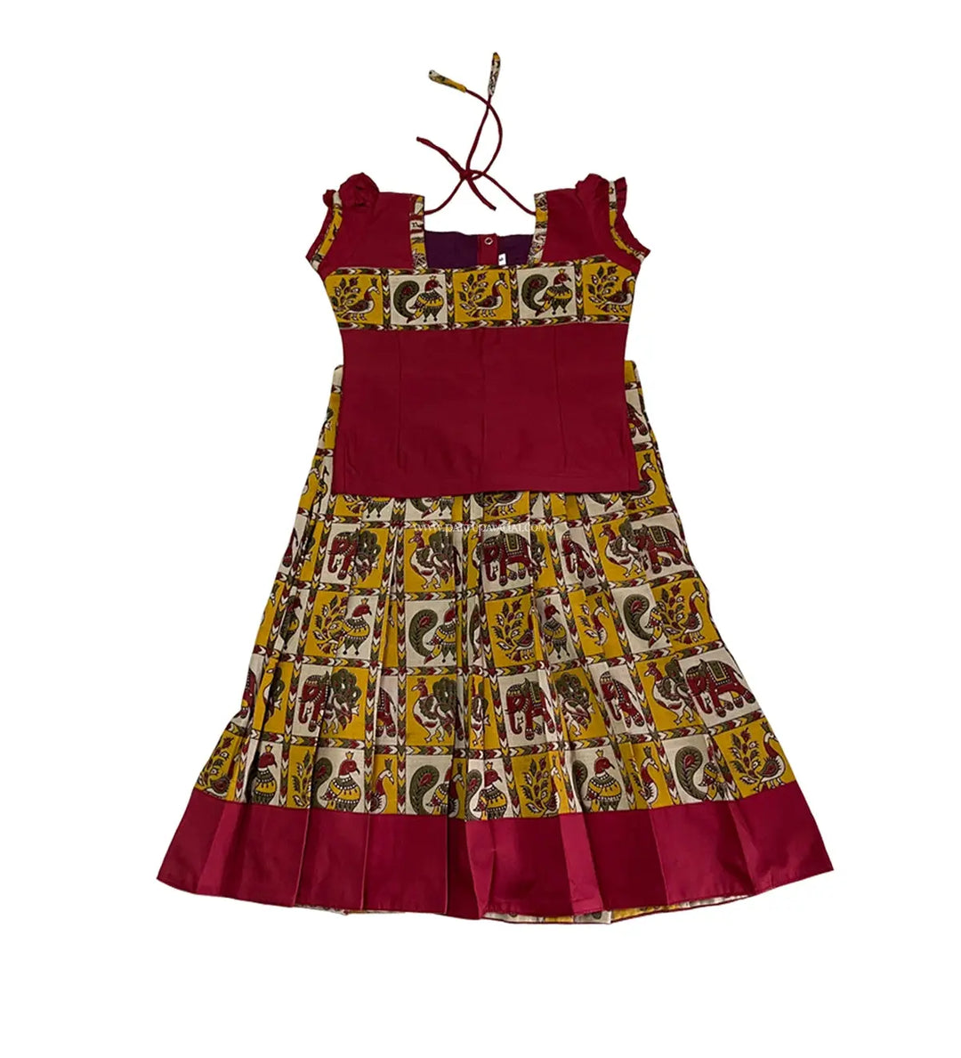 Kalamkari Pavadai Set Maroon and Yellow - Pattupavadai.com