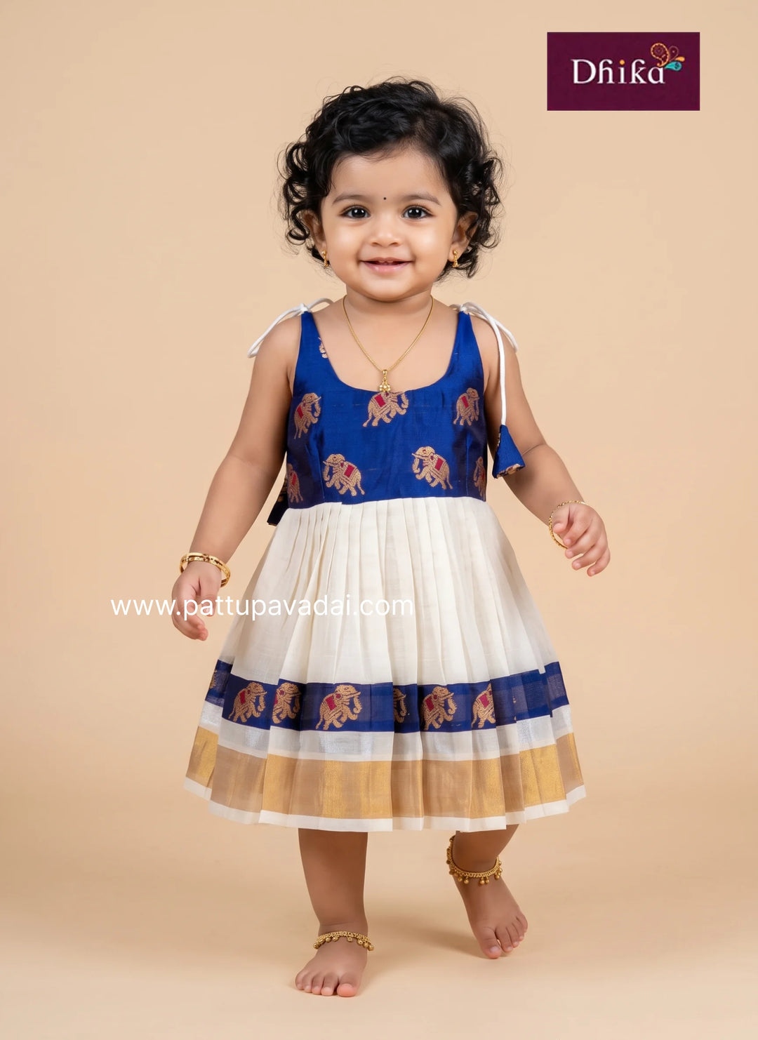 kasavu and brocade navy knot frock for kids traditional festive dress