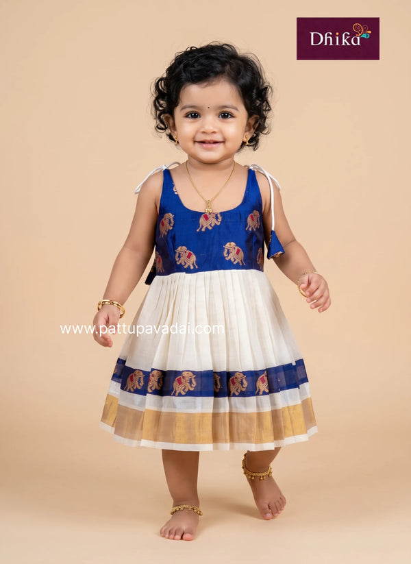 kasavu and brocade navy knot frock for kids traditional festive dress
