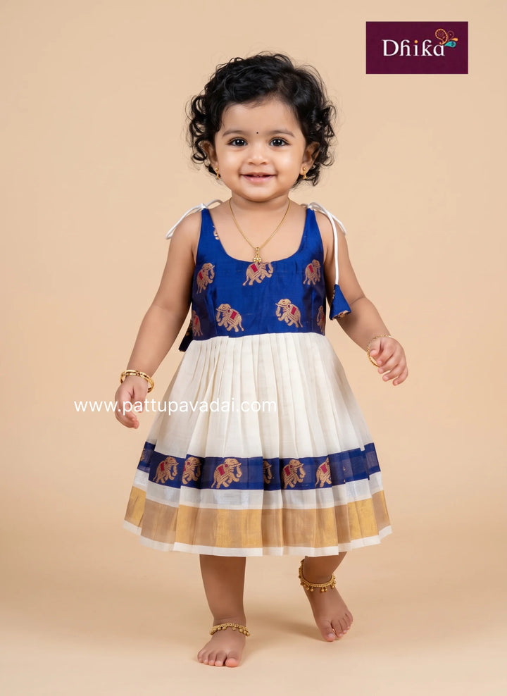 kasavu and brocade navy knot frock for kids traditional festive dress