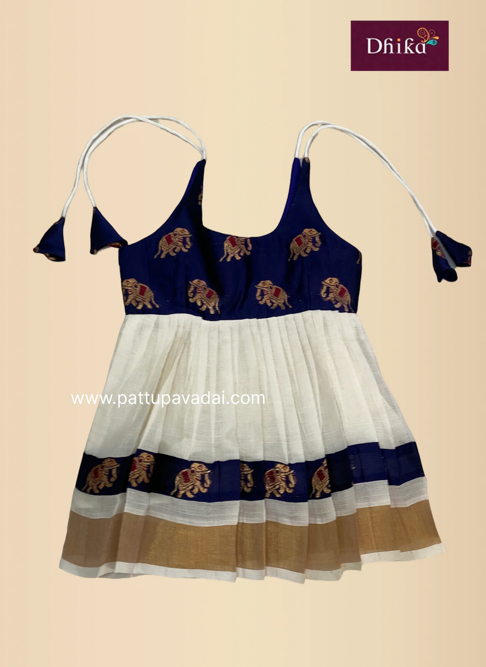 kasavu and brocade navy knot frock for kids front view