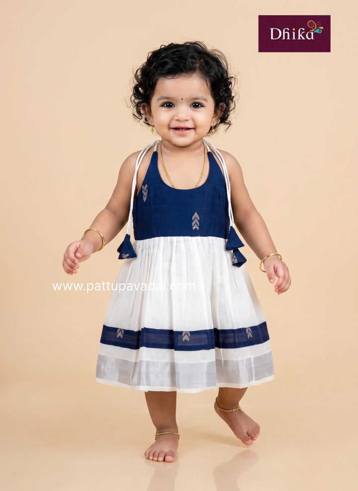 kasavu and navy knot frock for kids traditional look