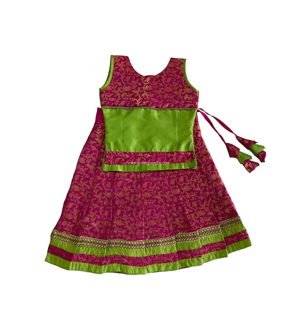 Kids Fancy Langa Pink And Parrot Green - Pattupavadai.com