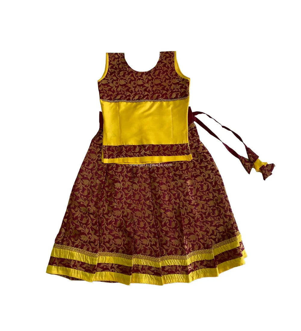 Kids Fancy Langa Yellow and Maroon - Pattupavadai.com