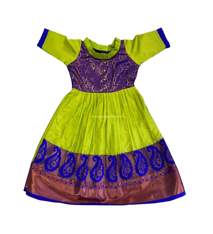 kids long gown parrot green blue elegant festive wear dress